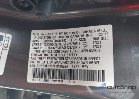 2015 Honda Cr-V Ex из США, поврежденный, VIN 2HKRM3H57FH518924